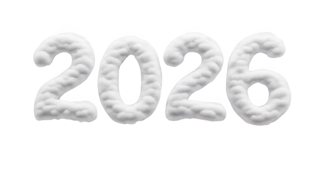 Fluffy White 2026 Numbers Resembling Snow or Cotton isolated on transparent background. Textured Year Digit Close-Up. Soft Rounded Number Photography.