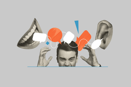 Template sketch trend artwork 3D photo collage of mouth talk speech bubble chat cloud textbox ear listen rumors young man head overloaded