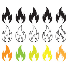 Vector art of collection of flames in different styles and colors set and bundle silhouette art vector design