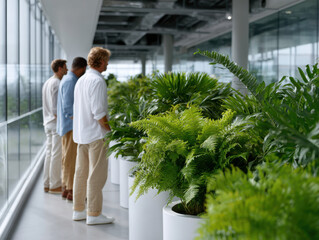 Businessmen observing biophilic office design with plants