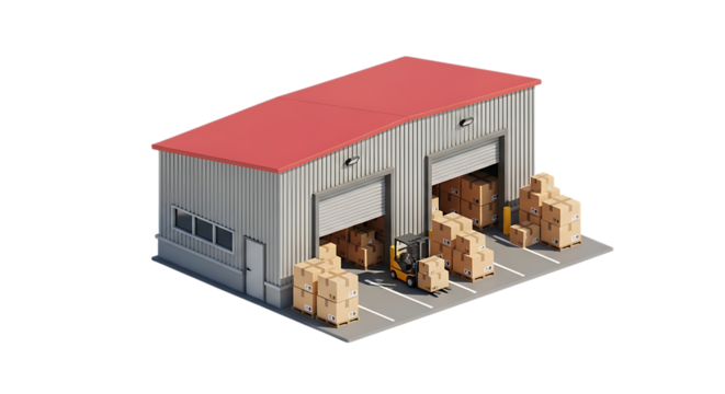 Isometric view of a warehouse with forklift and cardboard boxes video 4k