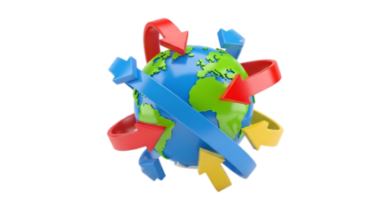 Earth globe surrounded by colorful arrows indicating movement flow video 4k