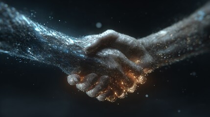 Fototapeta premium Textured Particle Handshake with Blue and Gold Sparkles particles connection Photo
