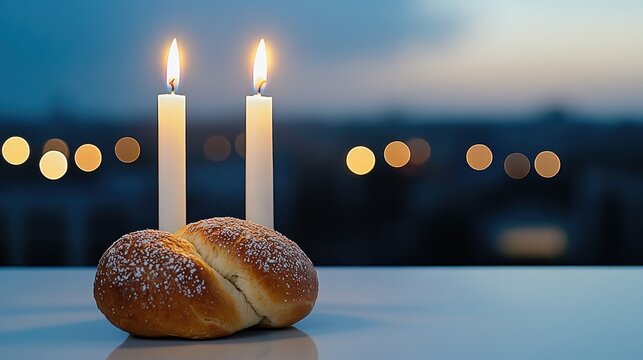 Two tall candles illuminate a table set with challah bread and an open book, creating a tranquil atmosphere for Shabbat observance