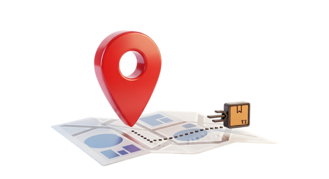 Red location pin on map with dotted line leading to package icon video 4k