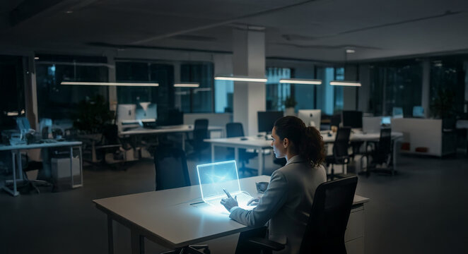 Oficina donde una mujer utiliza un computador de escritorio generado 100% por tecnolog&iacute;a de holograma