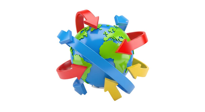 Earth globe surrounded by colorful arrows indicating movement flow video 4k
