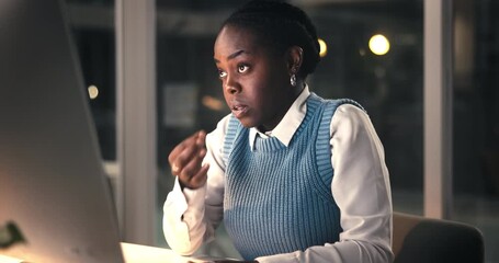 Woman, tired and eye strain with computer at night, office or exhausted with project at media company. African person, writer and pc with burnout, fatigue or pain in dark workplace at creative agency