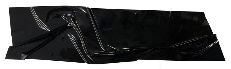 Crumpled wrinkled torn pieces of black packing tape, adhesive sealing tape, sticky torn plastic on transparent background