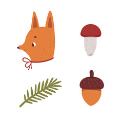Vector set of cartoon illustrations of autumn natural details with a fox. Cute prints for children's designs.