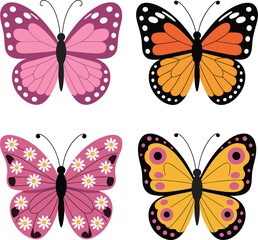 Colorful butterfly illustration set with pink, orange, and yellow wings, decorative pattern design for spring, nature, and art projects