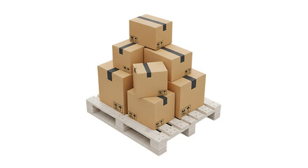 Stacked cardboard boxes with black tape on a white wooden pallet video 4k
