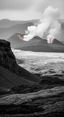 Volcanic eruption with glowing lava and smoke billowing from the crater in a dramatic landscape