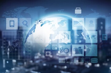 Cloud service hologram and night city skyline