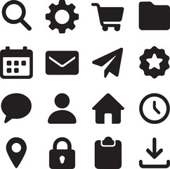 Simple black flat icons featuring essential UI and web elements such as home, message, cart, gear, location, and more. Perfect for app design, dashboards, and modern websites.