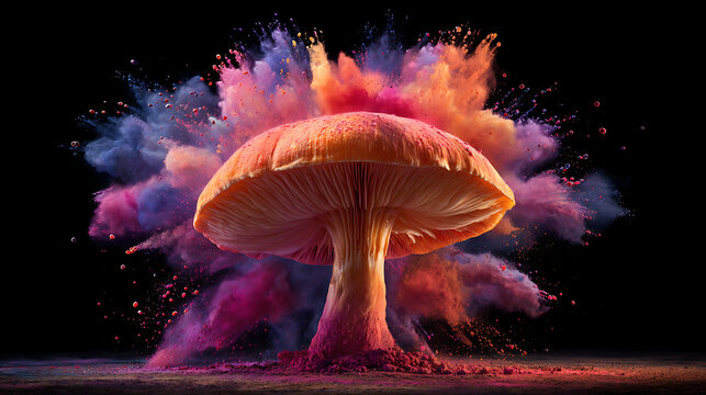 A dramatic mushroom cloud erupts with vibrant pink and purple dust billowing above a dark ground.now