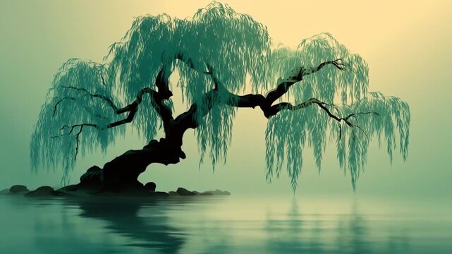 A serene weeping willow tree reflecting in calm water evoking tranquility and peace