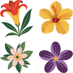 Colorful flower illustration set with red, yellow, purple, and pink petals, decorative floral design for nature, spring, and art projects