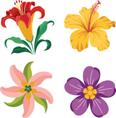 Colorful flower illustration set with red, yellow, purple, and pink petals, decorative floral design for nature, spring, and art projects