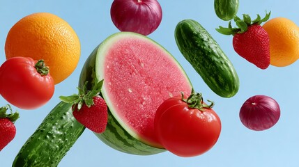 Naklejka premium Vibrant assortment of fresh fruits and vegetables including watermelon, strawberries, cucumbers, tomatoes, and oranges, floating against a soft blue background, showcasing healthy food choices and col