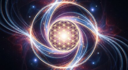 Fototapeta premium Cosmic flower of life illustration with swirling galaxy background
