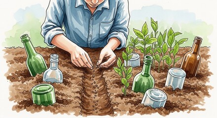 A person plants seeds in soil surrounded by empty glass bottles. The scene symbolizes recovery and growth, emphasizing the theme of abstaining from alcohol.