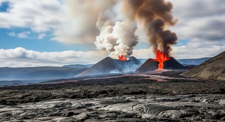 Active volcano eruption spewing lava and ash clouds against a blue sky with clouds