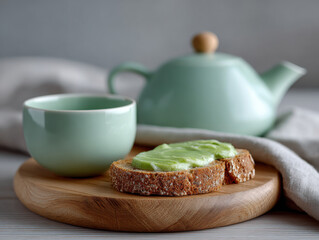 Healthy avocado toast and green tea breakfast
