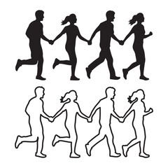 Vector art of silhouetted people running together holding hands, teamwork concept set and bundle silhouette art vector design