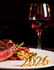 Grilled steak with vegetables, with pinched numbers for 2026 on a white plate in close-up, next to an elegant glass of wine, on a dark background and under warm lighting a festive dinner for New Year