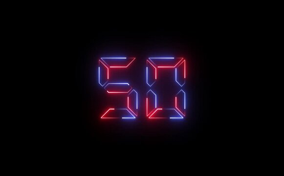 Glowing fifty display with neon lights in red and blue against a stark black background design element