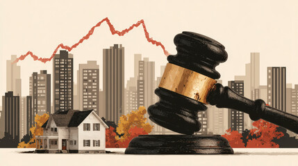 Illustration of a large gavel looming over a house with a cityscape backdrop and a red declining graph symbolizing economic impact.