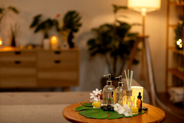 Elegant Home Spa Relaxation Setup Ambient Lighting Tranquil Environment Natural Elements Wellness Selfcare Serene Indoor Space Luxury Comfort Peaceful Design