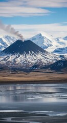 Volcano erupting smoke with snowcovered mountains and a frozen lake in winter