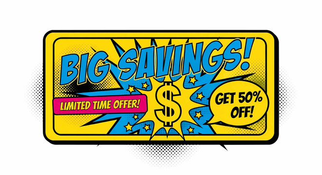 Vibrant sale banner and discount coupon with big savings text in a pop art comic style vector illustration