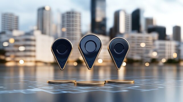 Map pins are positioned across a city skyline with a white area for text, showcasing technology in urban navigation
