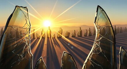 A sunrise illuminates broken glass shards in a barren landscape. The scene symbolizes recovery and the journey away from addiction.