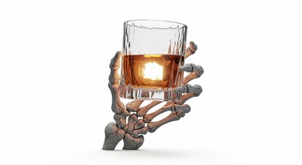 A skeletal hand holds a glass of whiskey. The glass is filled with amber liquid, symbolizing the struggle with alcohol addiction and recovery.