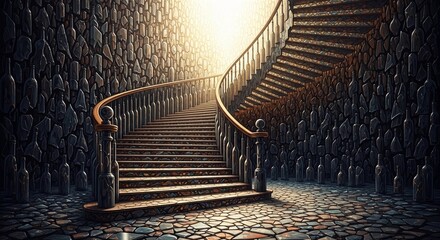 A spiral staircase leads upward in a dimly lit stone room. Light shines from above, symbolizing hope and recovery from addiction.