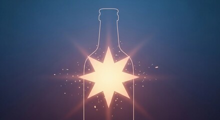 A glowing outline of a bottle with a starburst effect. The background is a gradient of blue, symbolizing themes of alcohol and recovery.