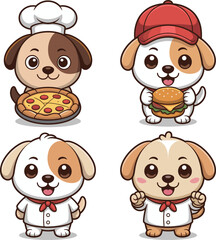 Cute cartoon dog chefs illustration holding pizza and burger, adorable puppies in chef outfits for kids food and restaurant design