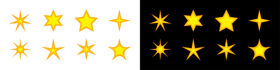 Golden Star Sparkle and Twinkle Vector Set - Glowing Shine Effect Collection for Rating, Magic, and Decoration on Black and White