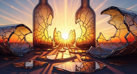 Two broken glass bottles with shards scattered around, illuminated by a rising sun. The scene symbolizes the struggle with alcohol and the journey to recovery.