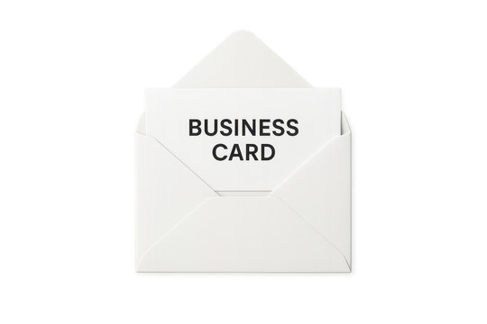 White envelope opening, revealing business card, transparent background