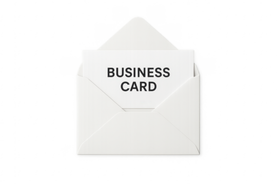 White envelope opening, revealing business card, transparent background