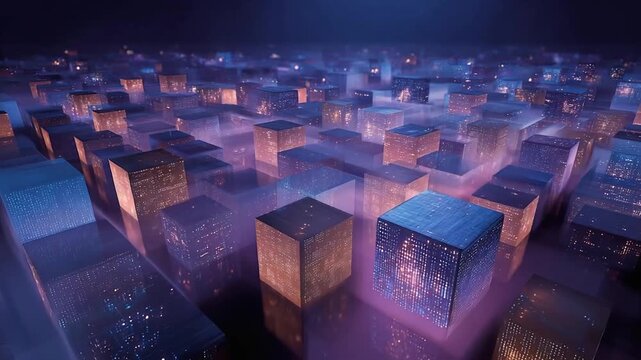 Neon-lit cityscape with countless glowing cube-shaped buildings in a purple haze.