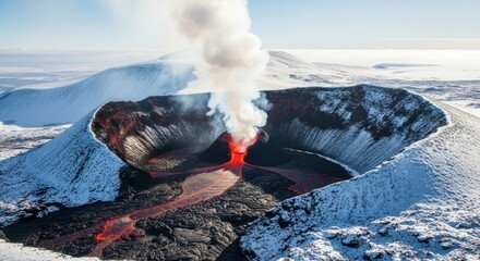Aerial view of a volcanic eruption with glowing lava flowing from the crater