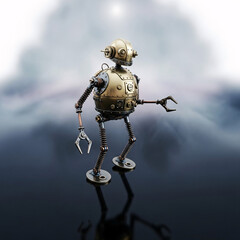 Lonely Robot Figure on Dark Reflective Surface
