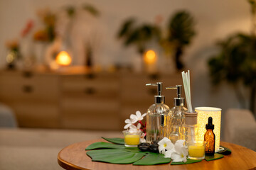 Home Spa Relaxation Setup Essential Oil Diffuser Candle Decor Tropical Leaf Ambient Light Cozy Wellness Experience