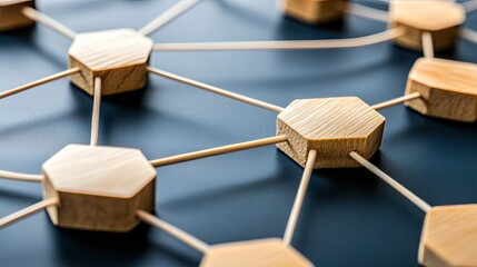 A network diagram features wooden pins connecting nodes, symbolizing information exchange in social media marketing